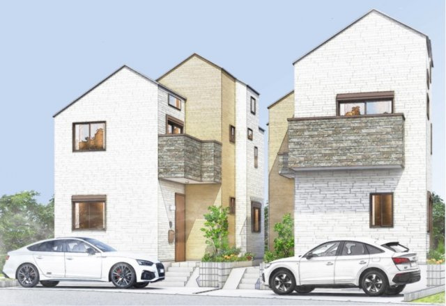 【外観パース】 | 緑溢れる閑静な住宅街に使い勝手良い３LDKの新邸全２棟 | 完成予想図　右側 A号棟　左側 B号棟