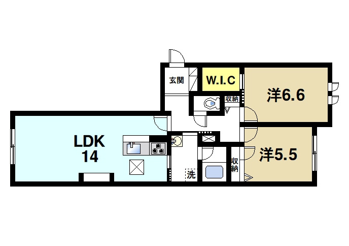 リヴィエール法華寺の間取り|広さ14畳もあるリビングが魅力の2LDKです