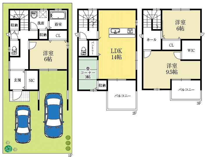 グラッド・タウン大東市明美の里町（建築条件付き土地）の土地図＋建物プラン例|光が入るリビング、家事がはかどる間取り。
ママの目線でつくる、世界にひとつのわが家。
南東角地×フリープラン。
