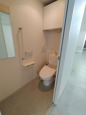 【トイレ】 | 林寺４丁目中古テラス | スライドドアのトイレです。備品をしまっておける収納もありますね。