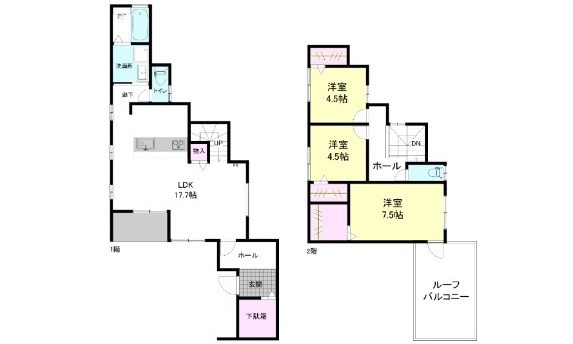 【間取り】 | 安佐北区深川５丁目　中古戸建て | 1F　約17.7ＬＤＫ　ＳＩＣ
2F　約7.5洋　約4.5洋　約4.5洋