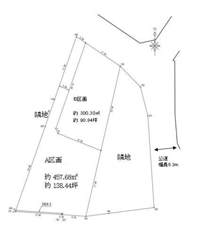 川越市笠幡　4期の土地図|区画図　敷地面積：A区画 138.44坪、敷地面積：B区画 90.84坪