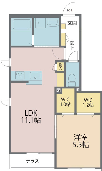 【間取り】 | monte y | Ｗウォークインクローゼットとキッチンファニチャーのあるお部屋です。