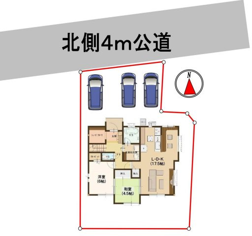 野田市上花輪　中古戸建の区画図|カースペースは並列3台駐車可能です（但し車種による）