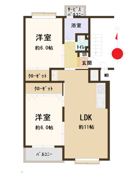 深江橋コーポE棟の間取り|中古マンション　2LDK　専有面積：54.48平米　バルコニー面積：3.96平米　南向き