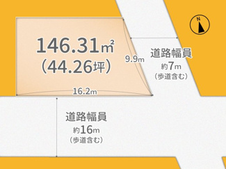 【土地図】 | 宇治市宇治戸ノ内　売土地　建築条件付き | 前面道路の幅員が7ｍ～16mございますので、解放感ございます。間口も16.2m～9.9ｍあり、お車2台楽々駐車可能です。