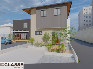 【外観パース】 | 宇治市宇治戸ノ内　売土地　建築条件付き | 参考プランになりますので、お客様のお好みの外観を一緒に作らせていただきます。外壁には、メンテナンスが楽な光セラを採用しており、汚れがつきにくく、色あせもしにくいのでおススメです！