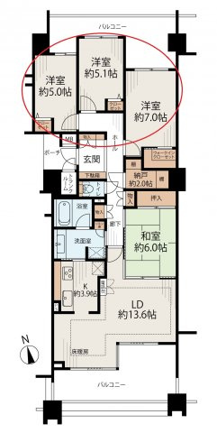 センチュリースクエア藤ヶ丘の洋室|北側に3部屋の居室があります。北側にもバルコニーがあるため風通しがよい洋室です。