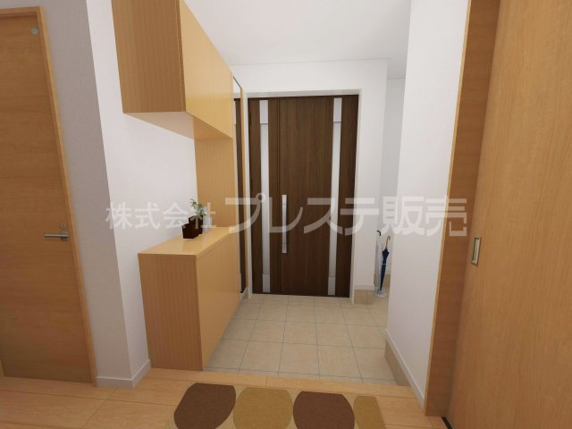 奈良市学園南２丁目の新築一戸建の玄関|１号地玄関完成イメージ／玄関収納・シューズクロークのある広い玄関です♪