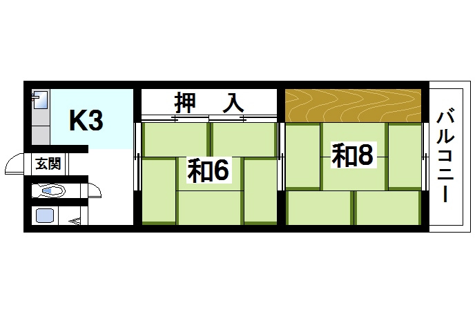 平和マンションの間取り|ゆったりと暮らせる2Kの間取りです。