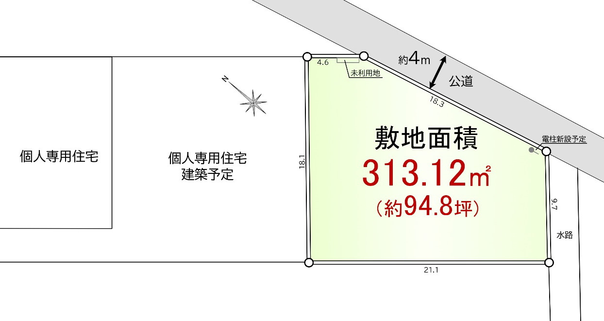 敷地面積94.8坪　売地　川越市山田　の土地図|区画図　建築条件なし！敷地面積約９４坪！敷地内並列駐車可能！平屋もＯＫ！