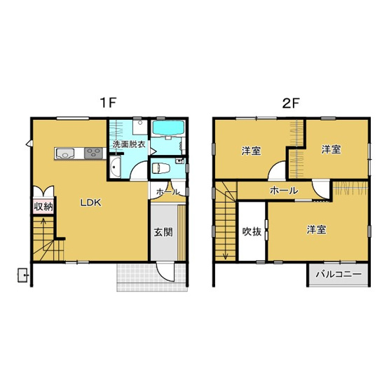 【間取り】 | クローバー安長モデルハウス | 1階はLDKと水まわりが一直線に配置された、家事ラク動線が嬉しい！
収納スペースも豊富で、生活感を見せずに暮らせます。
2階はすべて洋室で構成されており、各部屋しっかりと光と風を取り込める快適な設計♪
