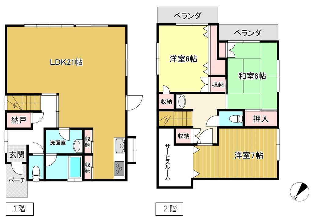 鎌田中古住宅の間取り|1階は広々としたLDKと外からもアプローチできるウッドデッキが魅力