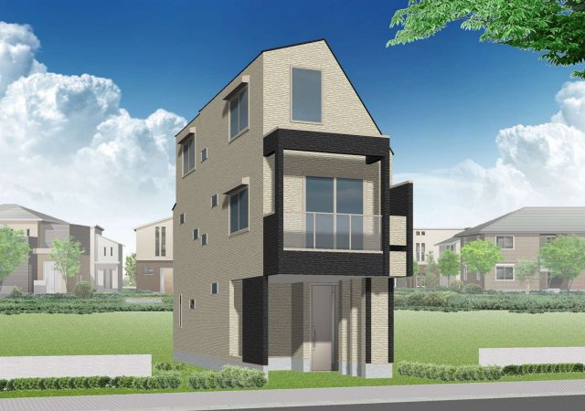 【外観パース】 | 葛飾区亀有２丁目　新築戸建 | 外壁には光触媒の壁「光セラ」を採用！光触媒で365日セルフクリーニング、紫外線からも外壁を守ります！