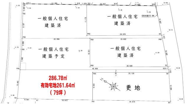 敷地面積８６坪　売地　川越市小堤の土地図|区画図　建築条件なし売地♪土地面積８６坪！有効宅地面積は79坪♪
完成宅地渡し！造成費はかかりません！