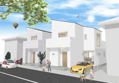 【外観パース】 | ケーズグランデ　灰塚 | ◯自由設計なら！あなたのこだわりに沿ったお家が建てられます♪
●落ち着きのある閑静な住宅街
◯生活環境充実◎病院、スーパー、小学校が徒歩10分以内！

※イメージパース