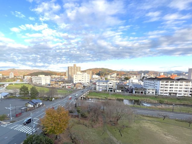 トーカンマンション上の橋の展望|眼前には本町緑地公園、その奥には中津川です。この日はきれいないわし雲が見れました。