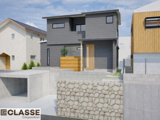 【外観パース】 | 宇治市木幡御蔵山　2区画　A号地　売土地　建築条件付き | お客様のお好みに合わせて、外観デザインも一緒に作り上げていきます。「ひと目で分かるアトリエの家」をコンセプトに、木・金属・吹抜けを組み合わせ”あなたらしさ”を表現できる外観づくりが可能です。