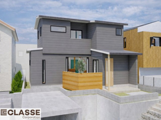 【外観パース】 | 宇治市木幡御蔵山　2区画　A号地　売土地　建築条件付き | アトリエ仕様では、高性能断熱材（吹付断熱）を採用しておりますので、ZEH水準に適合しています。気密性・断熱性に優れているため、冬はあたたかく、夏は涼しい快適な住環境を実現できます。