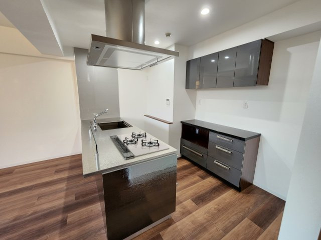 アルカディア八木のキッチン|三口のガスコンロを備えたシステムキッチン