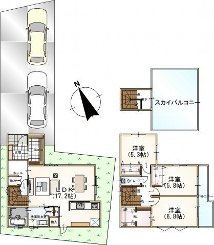 【土地図＋建物プラン例】の画像
