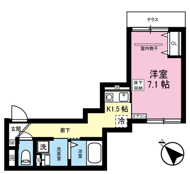 【間取り】 | グランデファーレ新横浜 | キッチン1.5帖・洋室7.1帖の1Kタイプのお部屋です☆はじめての一人暮らしにもぴったり♪なんと言っても角部屋・二面採光なのが嬉しい♪