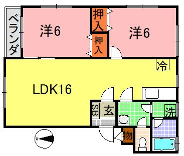 【間取り】 | シティパレスフォンテーヌD棟 | 60㎡越えのゆったり2LDK。角部屋、ベランダ付き