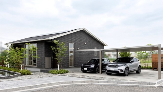松阪市嬉野見永町《ガーデンヒルズ嬉野見永町 全4区画》の土地図＋建物プラン例|本画像は建物配置の一例を示したイメージパースです。実際の建築内容や仕様を示すものではありません。