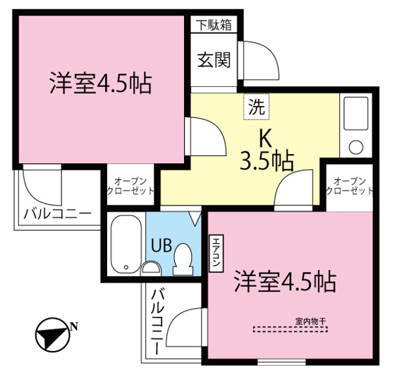 【間取り】 | ミングルAP.栗谷一番館 | お部屋はカップルさんや新婚さんに人気の2Kタイプ♪全室洋室で過ごしやすいですね☆