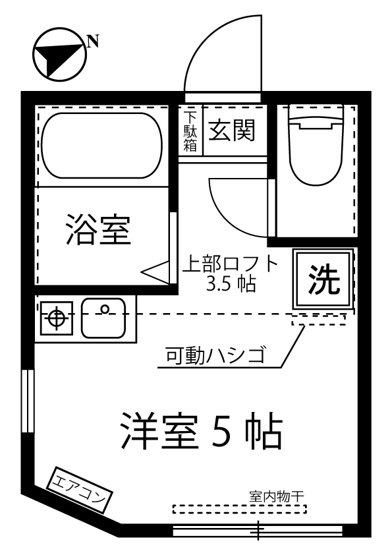 【間取り】 | ユナイト渡田ジェームズ・ボズウェル | はじめての一人暮らしの方や学生さんにオススメ！ワンルームタイプのお部屋です☆ロフト付きでお部屋が広々使えます！なんと言っても角部屋・二面採光なのが嬉しい♪
