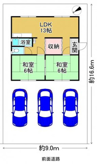【間取り】 | 大津市南小松1594-385　中古戸建 | 間取り：2LDK
LDK13帖　1階1部屋
和室6帖　1階2部屋
