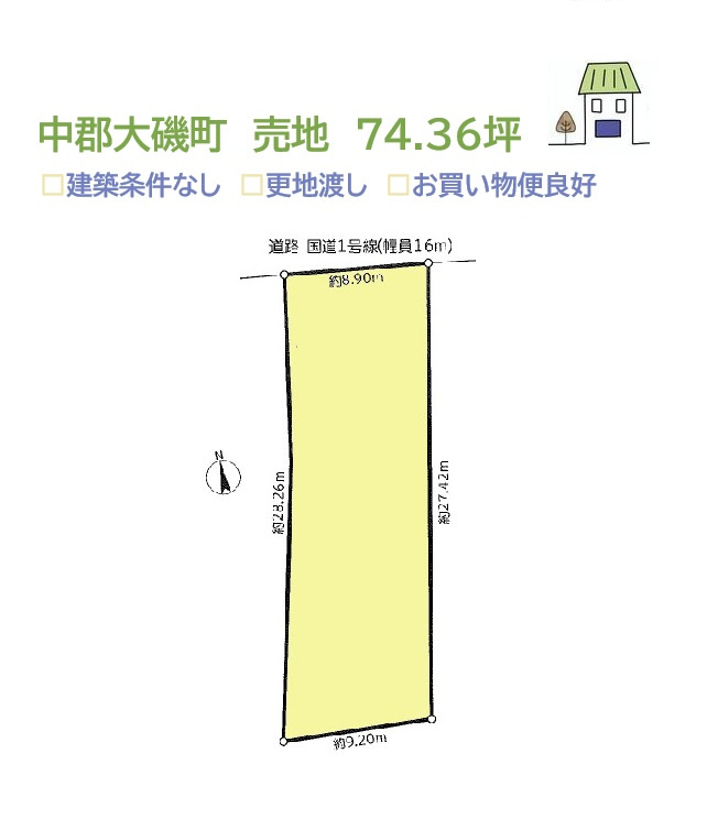 中郡大磯町国府新宿　売地　74.36坪の土地図|245.83平米の圧巻の土地面積◎
平屋・二世帯住居など思い描く夢のマイホームが建てられる「建築条件なし」の売地はコチラです。現況：更地◎土地見学も承っております♪