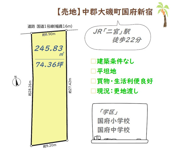 【土地図】 | 245.83平米の圧巻の土地面積◎
平屋・二世帯住居など思い描く夢のマイホームが建てられる「建築条件なし」の売地はコチラです。現況：更地◎土地見学も承っております♪