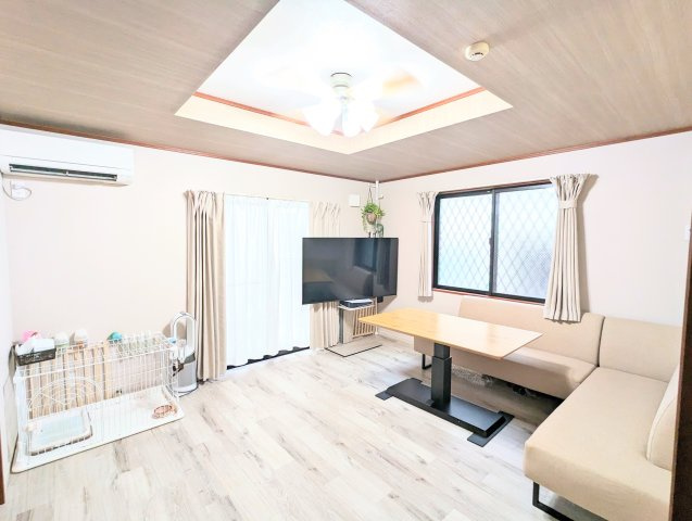 墨田区東駒形４丁目鉄骨造戸建の居間・リビング|折り上げ天井の雰囲気の良いリビング空間