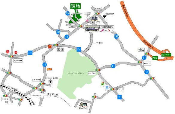 比企郡小川町上横田   土地６２６坪の地図|東武東上線・ＪＲ八高線「小川町」駅 約3.5ｋｍ
「八和田学校前」バス停まで徒歩5分 乗車18分で「小川町」駅へ