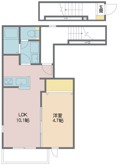 【間取り】 | メゾン・フレーヌ | 一階玄関から内階段で2階に上がる１LDKのお部屋です