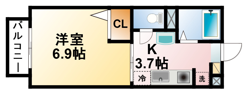 パークアベニューの間取り|単身者様向け1Kタイプの間取りです