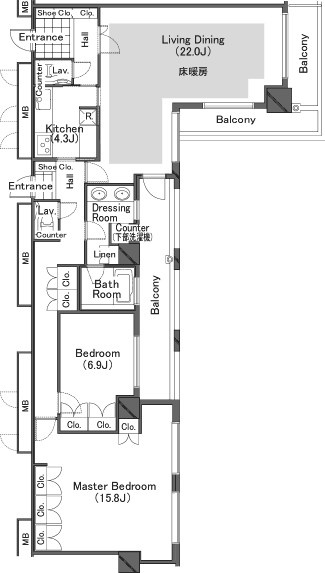 新宿区河田町の賃貸マンションの間取り