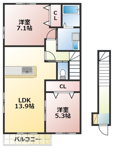 熊本市東区錦ケ丘のアパートの間取り