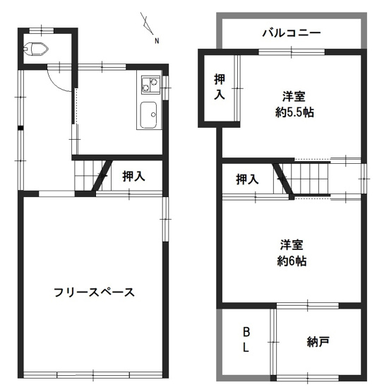 【間取り】 | ■□枚方市西牧野３丁目　中古戸建□■ | ３SK、敷地面積：50.40㎡、建物面積：52.61㎡、2階建ての中古戸建です。フリースペースがあるので、倉庫や訪問介護の事務所に♪
