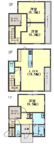 明石市二見町福里　中古戸建の間取り|3階建て　3LDK＋WIC2か所です。