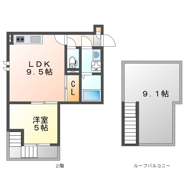 熊本市中央区黒髪２丁目のアパートの間取り