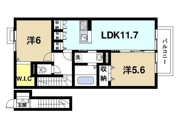 サンメゾンの間取り|広いリビングが魅力的な2LDKです