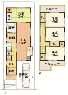 【間取り】 | 高槻市東五百住町二丁目　中古戸建 | 3180万円、4LDK、土地面積91.05m2、建物面積90.55m2 4LDKタイプかつ、全居室に収納スペースがございます。
ご家族の多い方にもおススメです。