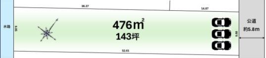 建築条件なし 売地143坪　越谷市平方の土地図|区画図　敷地面積１４３坪！建築条件なし！お好きなハウスメーカーで建築可能です♪並列３台分駐車可能♪