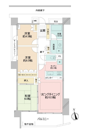 コスモ２１ザガーデンズフォート 　2階　角　部屋　空室の間取り