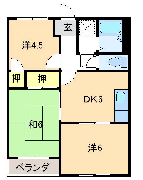 三の宮マンションの間取り|6帖の和室×１，4．5帖と6帖の洋室がある３DKです。