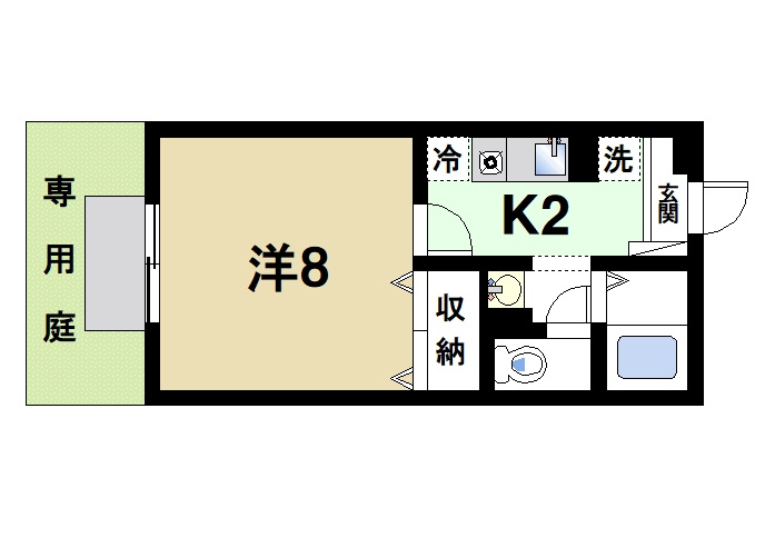 ピノヴェルデの間取り|専用庭が魅力的な1Kです