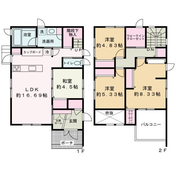 岩出市原の中古一戸建の間取り|4SLDK、土地面積135.0平米、建物面積107.43平米