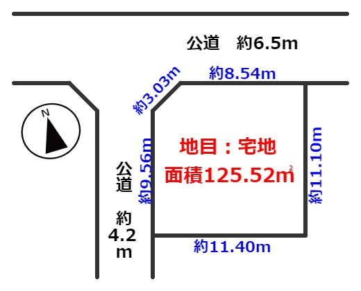 閑静な住宅街の北西角地の整形地の土地図|北西の角地、整形地、38坪弱の平坦地です